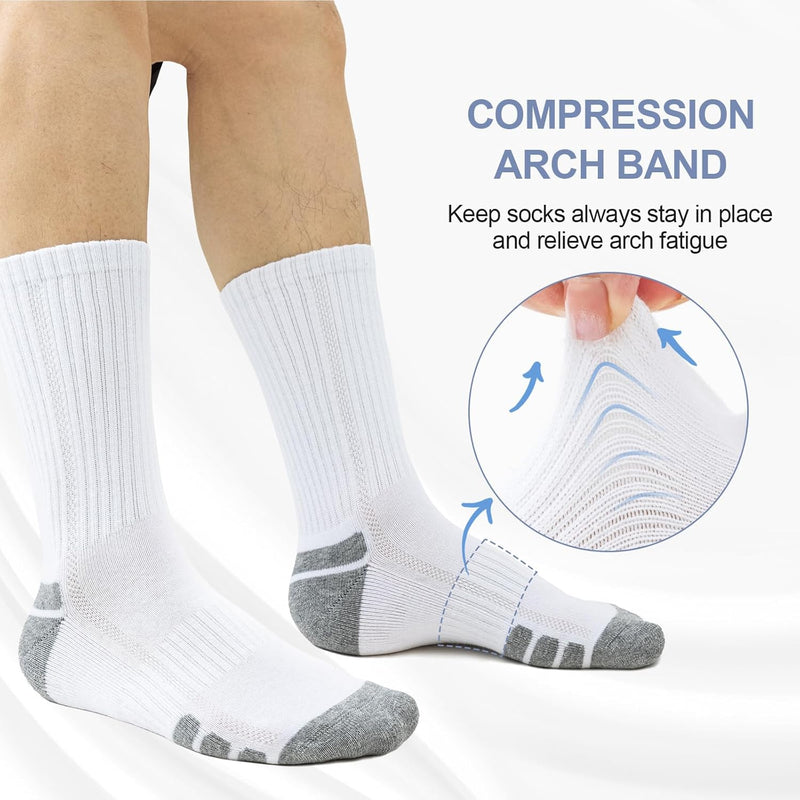 Weiße Kompressionssocken mit grauen Zehen und Fersen, ideal für Sport und Fußunterstützung.