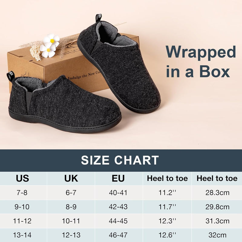 Dunkelgraue Hausschuhe aus Filz mit Futter, Größe 7-14, auf Karton, Größentabelle.
