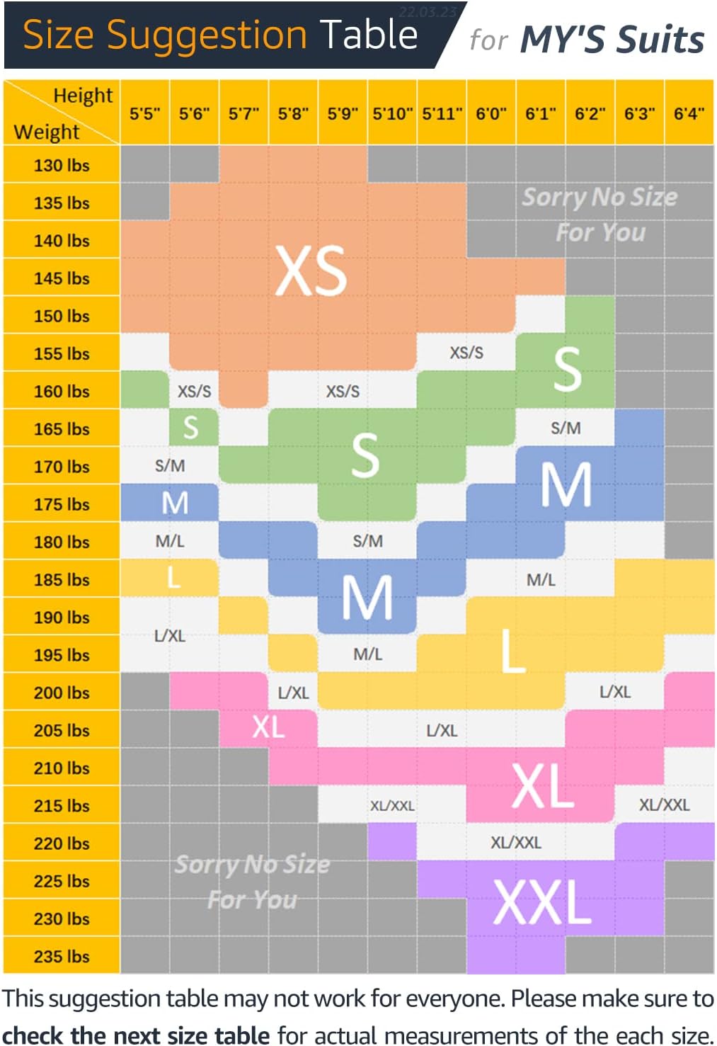 Größentabelle für MY'S Anzüge, Gewicht und Körpergröße, XS bis XXL, farbcodiert.