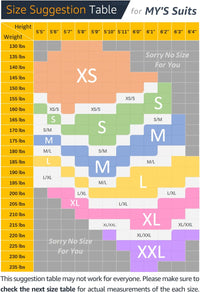 Größentabelle für MY'S Anzüge, Gewicht und Körpergröße, XS bis XXL, farbcodiert.