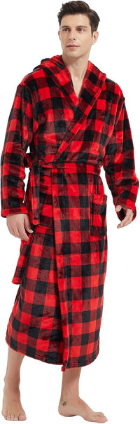 Männer Bademantel rot-schwarz kariert, Fleece, Kapuze, warm, gemütlich, Morgenmantel.
