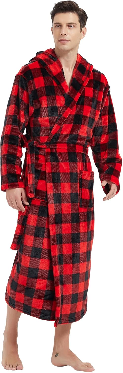 Männer Bademantel rot-schwarz kariert, Fleece, Kapuze, warm, gemütlich, Morgenmantel.