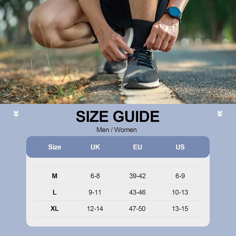 Mann bindet schwarze Sportschuhe auf Straße, Größentabelle für UK, EU, US darunter.