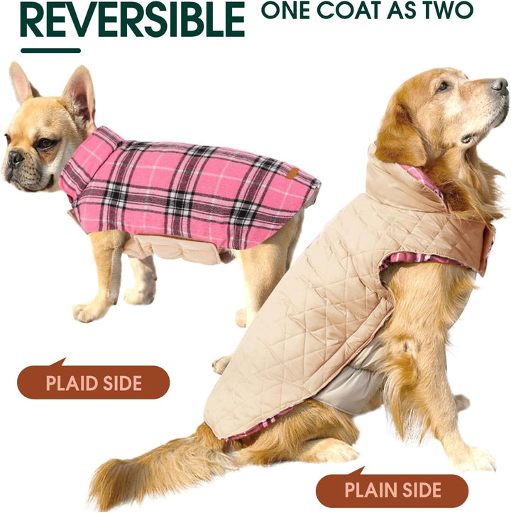 Wendbarer Hundemantel, rosa Karo und beige, warm, stilvoll, für kleine und große Hunde.