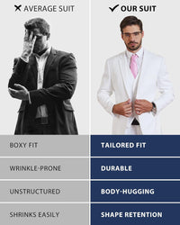 Mann im weißen Anzug, maßgeschneidert, langlebig, formbetont, knitterfrei, mit rosa Krawatte.