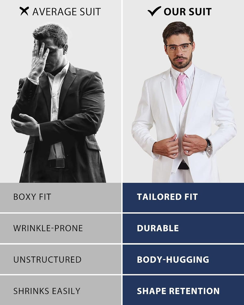 Mann im weißen Anzug, maßgeschneidert, langlebig, formbetont, knitterfrei, mit rosa Krawatte.