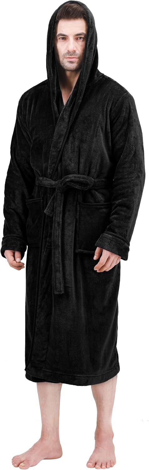 Schwarzer Herren-Bademantel mit Kapuze, Fleece, warm, weich, gemütlich, ideal für Zuhause.