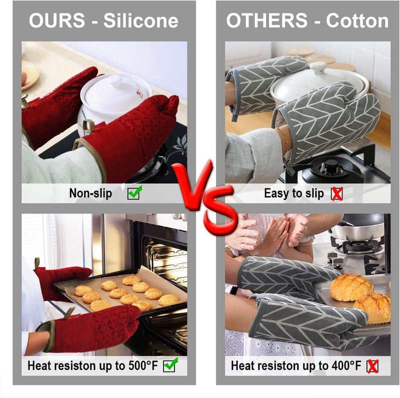 Rote Silikon-Ofenhandschuhe, rutschfest, hitzebeständig bis 500°F, Vergleich mit Baumwolle.