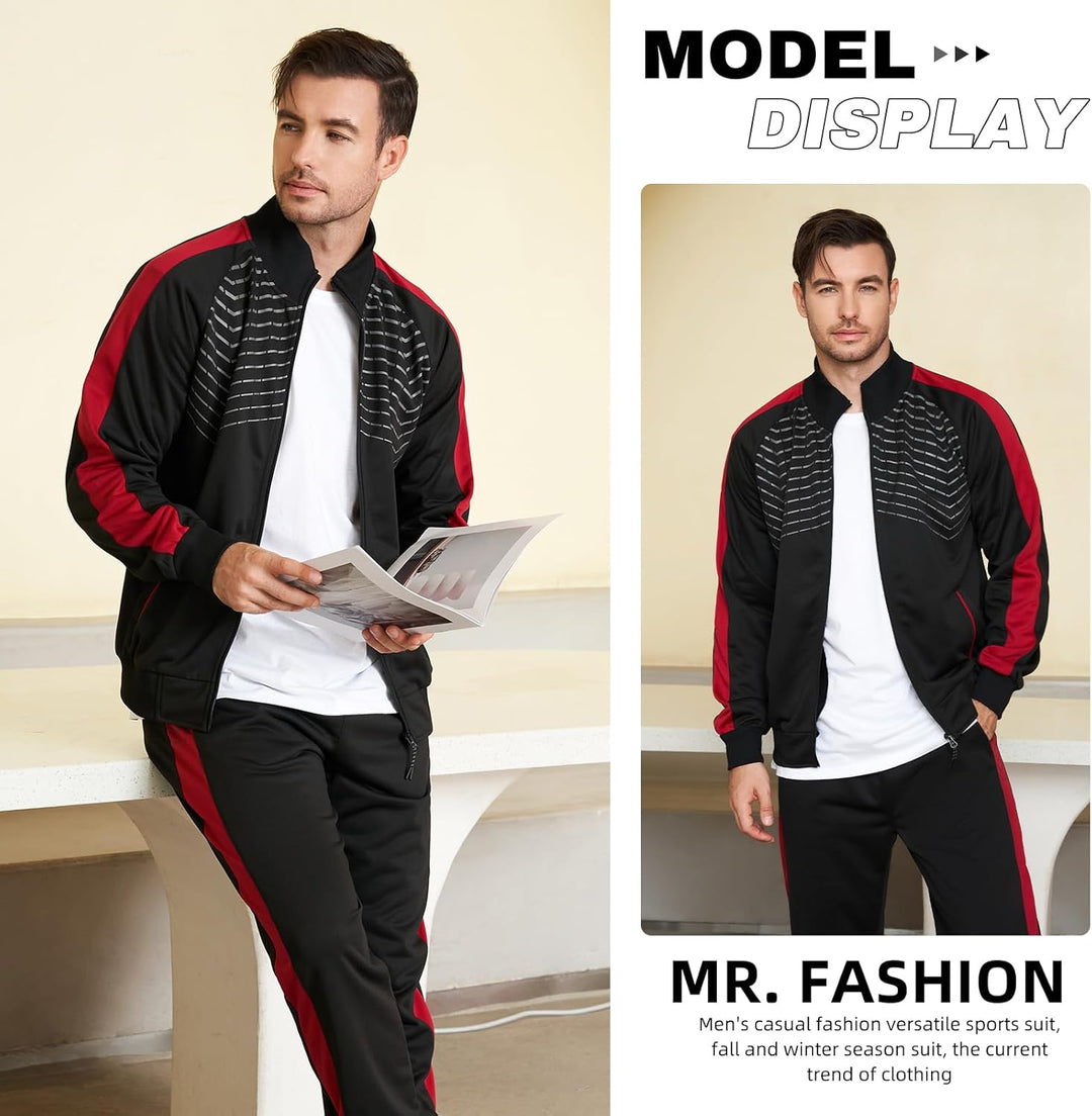 Mann im schwarz-roten Trainingsanzug, sportlich, modern, Herbstmode, Freizeitkleidung.