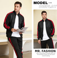 Mann im schwarz-roten Trainingsanzug, sportlich, modern, Herbstmode, Freizeitkleidung.