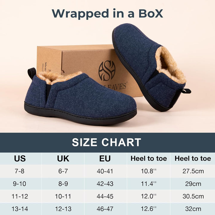 Blaue Hausschuhe mit Fellfutter, rutschfeste Sohle, Größe 7-14, vor Karton, Größentabelle.