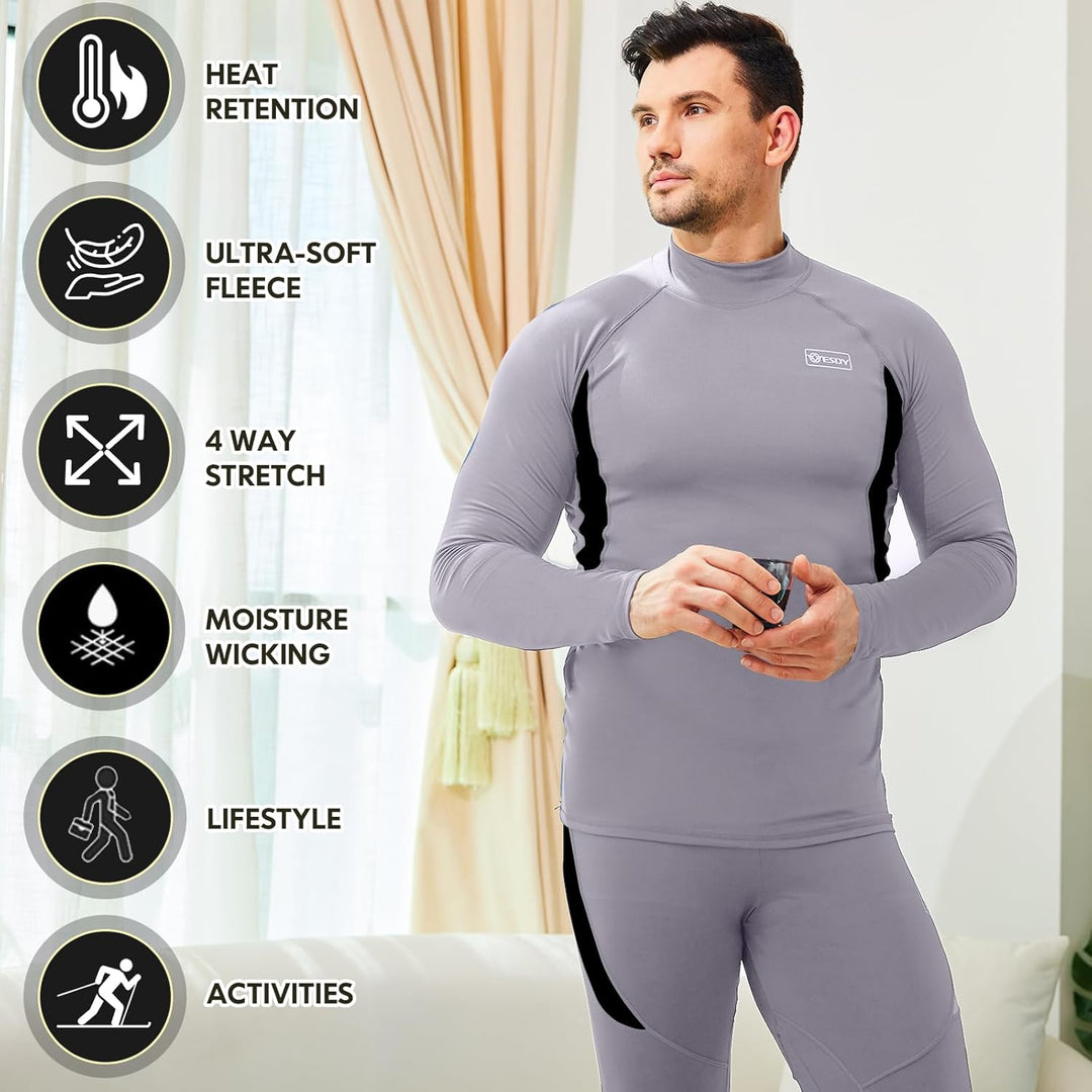 Mann in grauem Thermo-Unterwäsche-Set, langärmelig, feuchtigkeitsableitend, dehnbar.