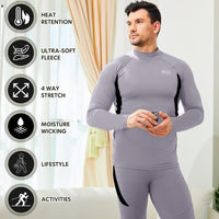 Mann in grauem Thermo-Unterwäsche-Set, langärmelig, feuchtigkeitsableitend, dehnbar.
