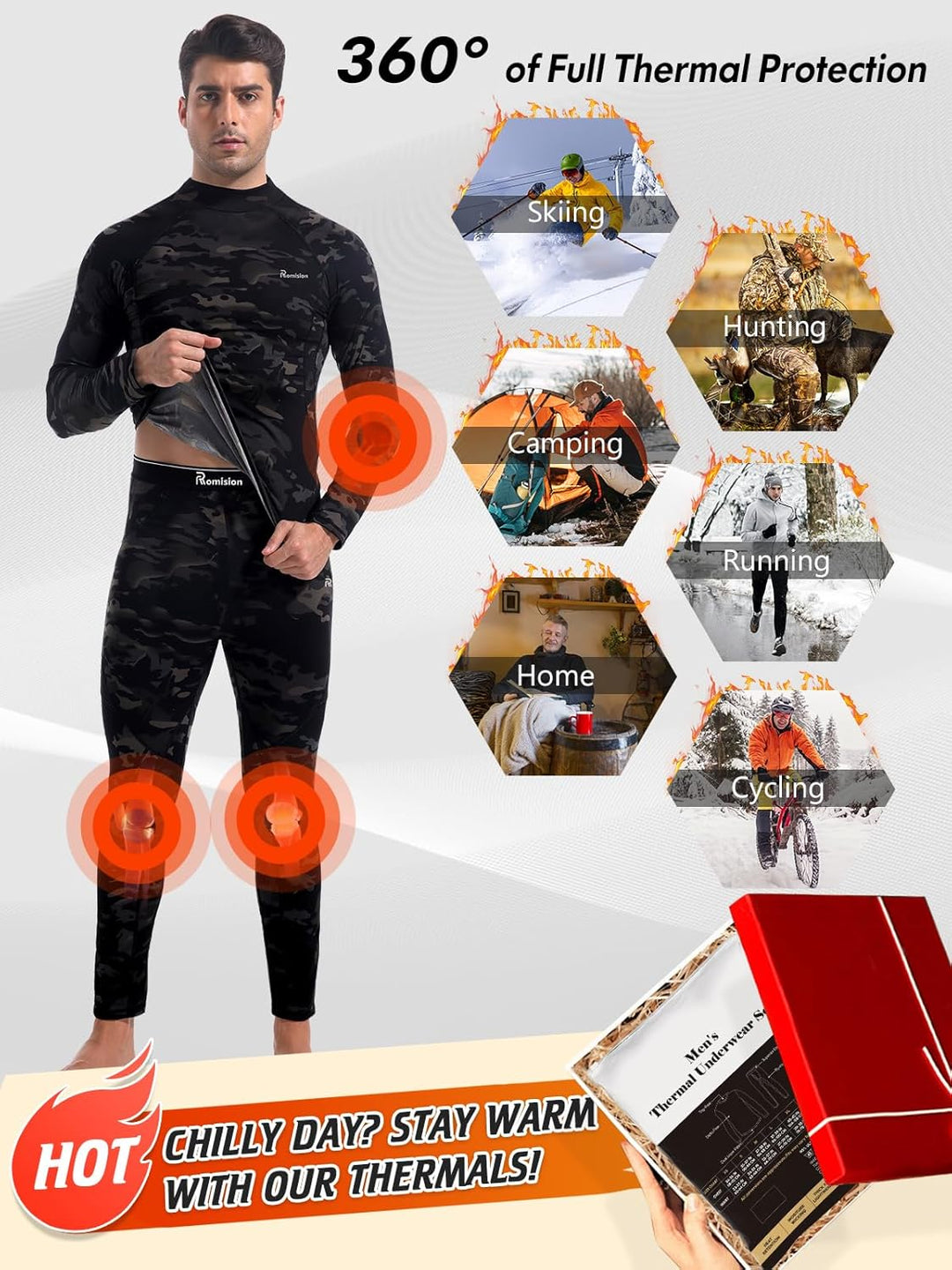 Mann in schwarzer Thermounterwäsche, ideal für Skifahren, Jagen, Camping, Laufen, Radfahren.