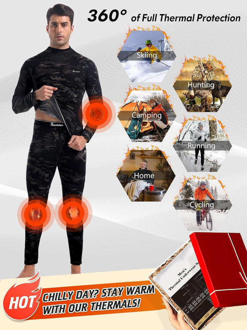 Mann in schwarzer Thermounterwäsche, ideal für Skifahren, Jagen, Camping, Laufen, Radfahren.