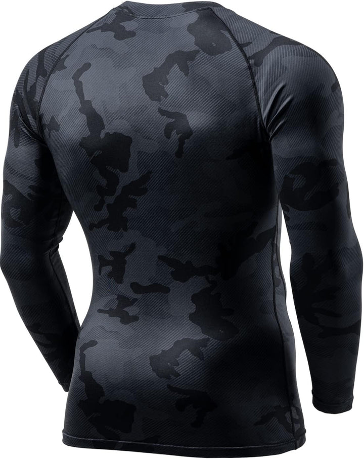 Schwarzes Camouflage-Langarmshirt für Herren, atmungsaktiv, Sportbekleidung, Fitness.