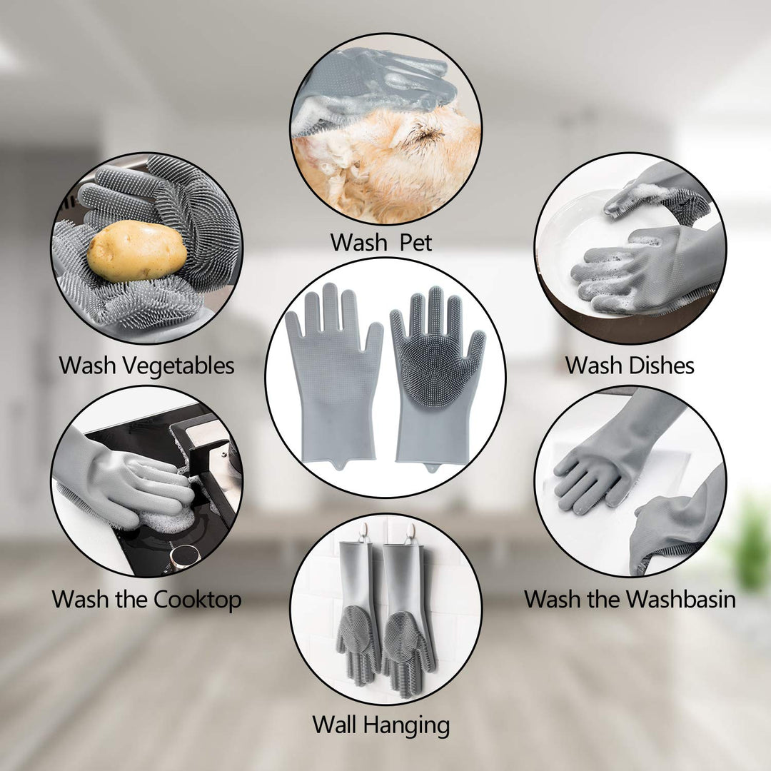 Graue Silikon-Reinigungshandschuhe für Geschirr, Haustiere, Gemüse, Kochfeld und Waschbecken.