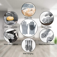 Graue Silikon-Reinigungshandschuhe für Geschirr, Haustiere, Gemüse, Kochfeld und Waschbecken.