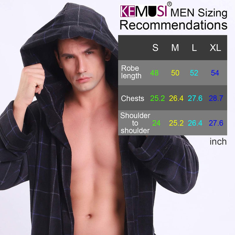 Mann im schwarzen Kapuzenbademantel, KEMUSI Größentabelle, kariertes Muster, Herrenmode.