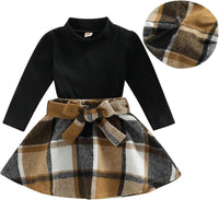 Schwarzes Langarm-Kleid mit kariertem Rock und Schleife für Mädchen, Herbstmode.