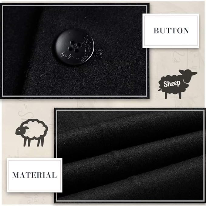 Schwarzer Wollstoff mit Knopf, Schafwolle, hochwertiges Material für Mäntel und Anzüge.