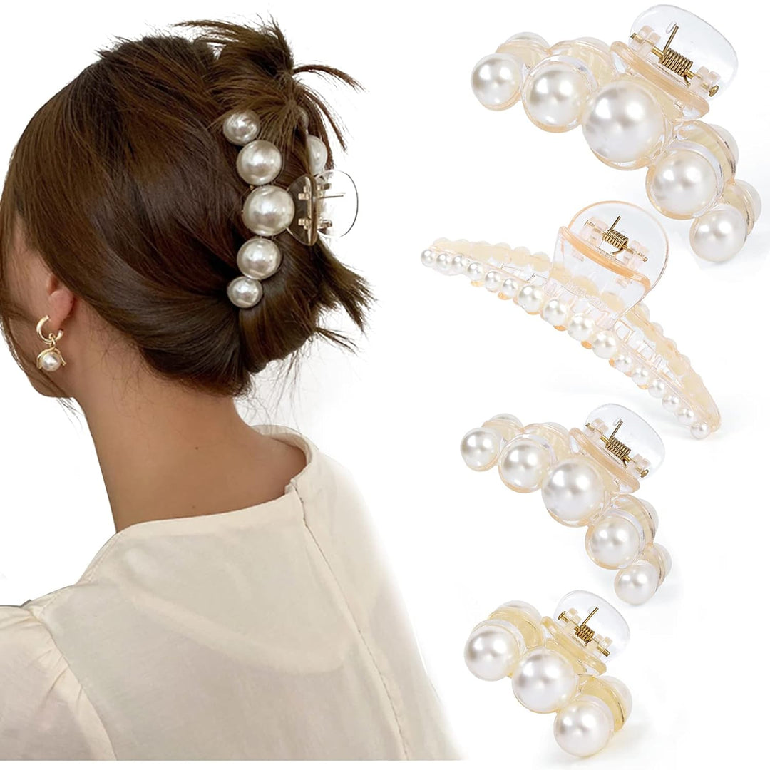 Frau mit Perlen-Haarklammer, eleganter Haarschmuck, modisches Accessoire, Hochsteckfrisur.