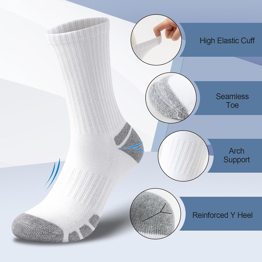 Weiße Sportsocken mit grauen Akzenten, hoher elastischer Bund, nahtlose Spitze, Fußgewölbestütze.