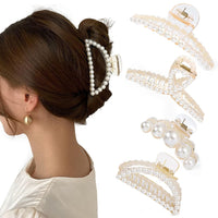 Frau mit Haarspange, Perlen-Haarclips, elegantes Accessoire, Haarschmuck, Set aus vier Clips.