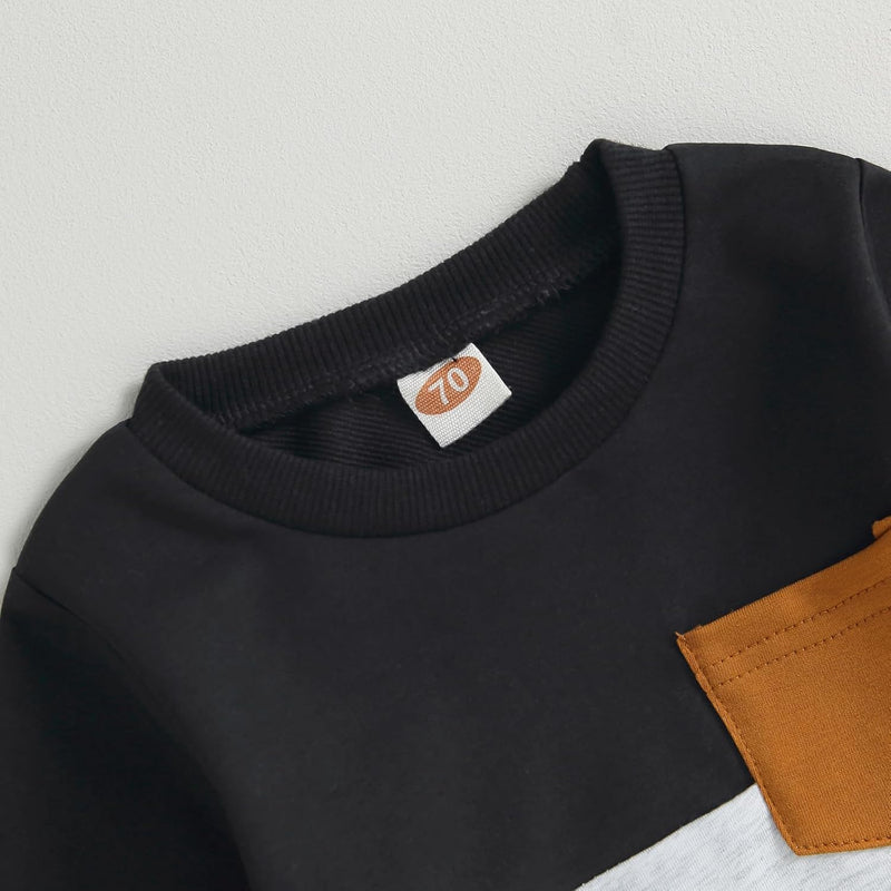 Schwarzes Baby-Sweatshirt mit brauner Tasche, Baumwolle, Größe 70, modisch und bequem.