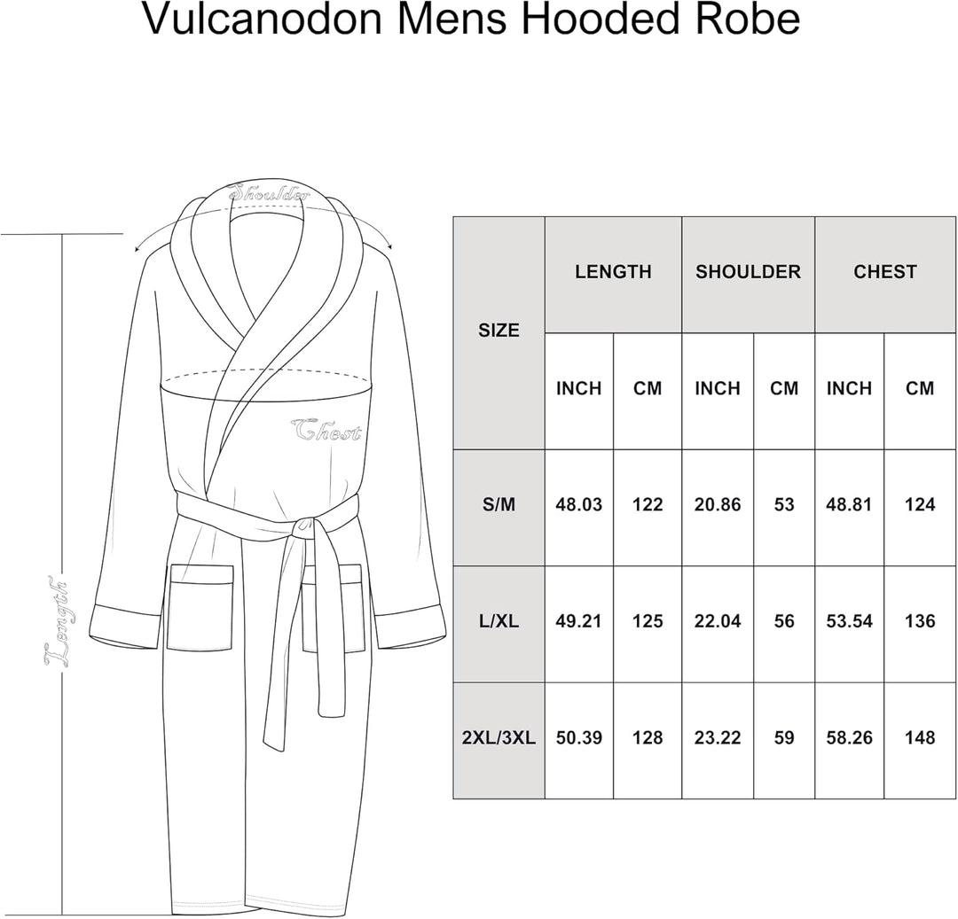 Vulcanodon Herren Bademantel mit Kapuze, Größenübersicht, Baumwolle, Grau, Komfort, Mode.