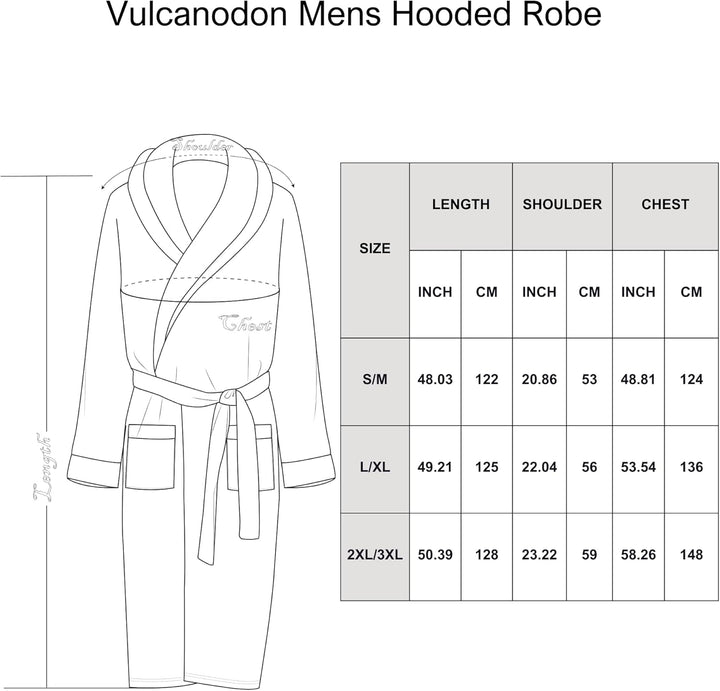 Vulcanodon Herren Bademantel mit Kapuze, Größenübersicht, Baumwolle, Grau, Komfort, Mode.