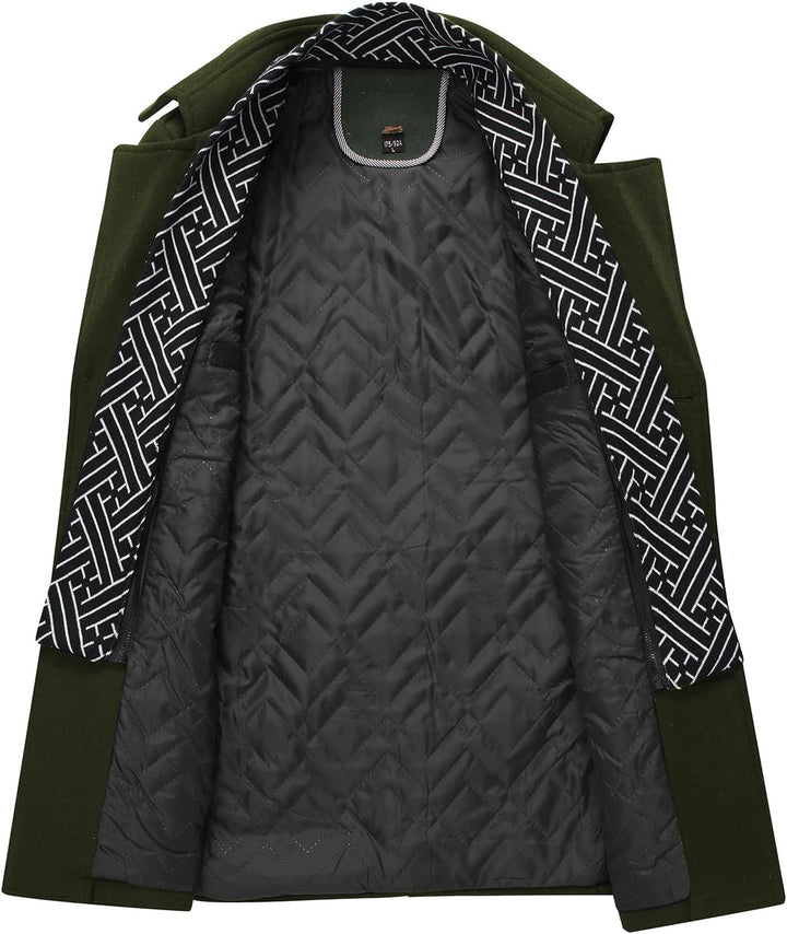 Grüner Herrenmantel mit schwarzem, gestepptem Innenfutter und geometrischem Muster.