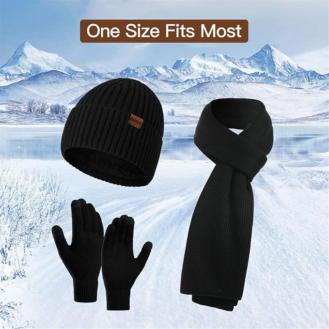 Schwarzes Winterset: Mütze, Schal, Handschuhe, Unisex, warm, Strick, Einheitsgröße, Outdoor.