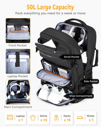 50L Flugbereiter Konvertierbarer Reiserucksack mit Schuhfach & USB-Anschluss