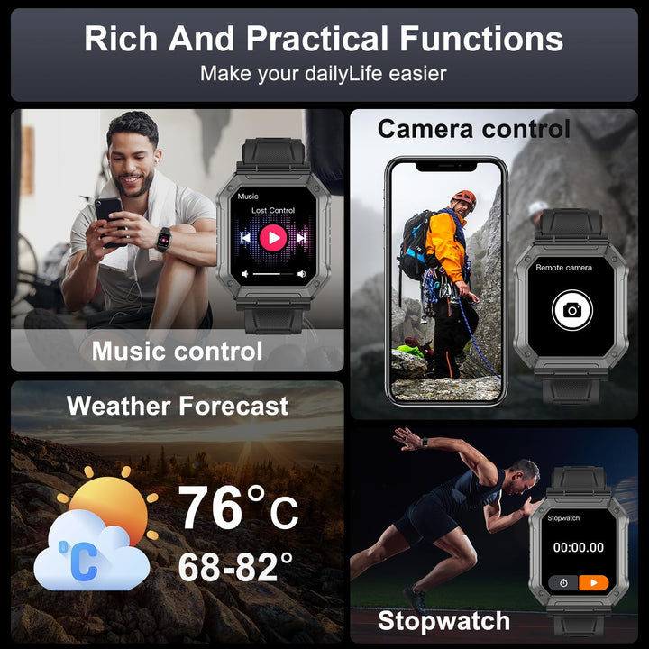 Smartwatch mit Musiksteuerung, Kamera, Wettervorhersage, Stoppuhr, schwarz, Fitness-Tracking.
