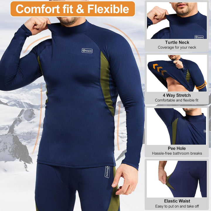 Dunkelblaues Thermo-Unterhemd, Rollkragen, 4-Wege-Stretch, Herren, bequem, flexibel.