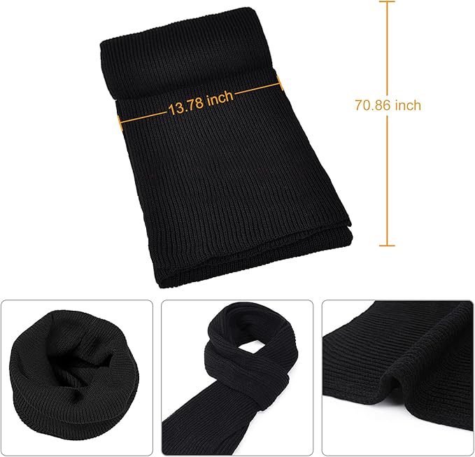 Schwarzer Strickschal, 180 cm lang, 35 cm breit, warm, unisex, Winteraccessoire.