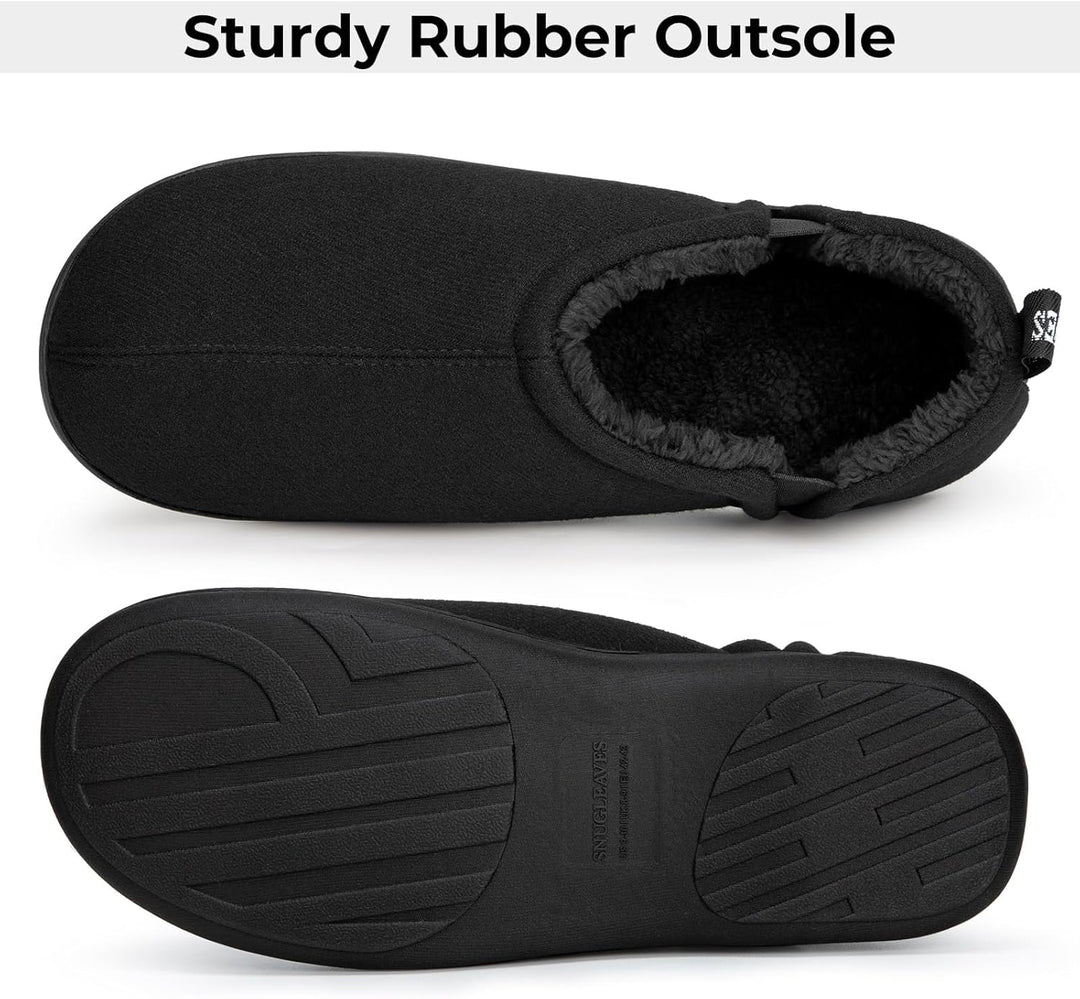 Schwarze Hausschuhe mit robuster Gummisohle, warmes Futter, rutschfest, bequem.