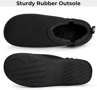 Schwarze Hausschuhe mit robuster Gummisohle, warmes Futter, rutschfest, bequem.