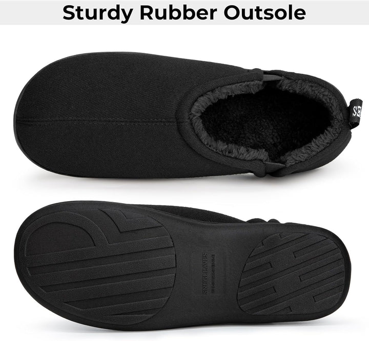 Schwarze Hausschuhe mit robuster Gummisohle, warmes Futter, rutschfest, bequem.