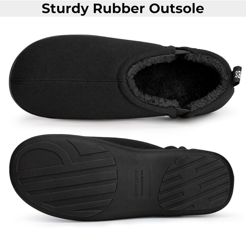 Schwarze Hausschuhe mit robuster Gummisohle, warmes Futter, rutschfest, bequem.