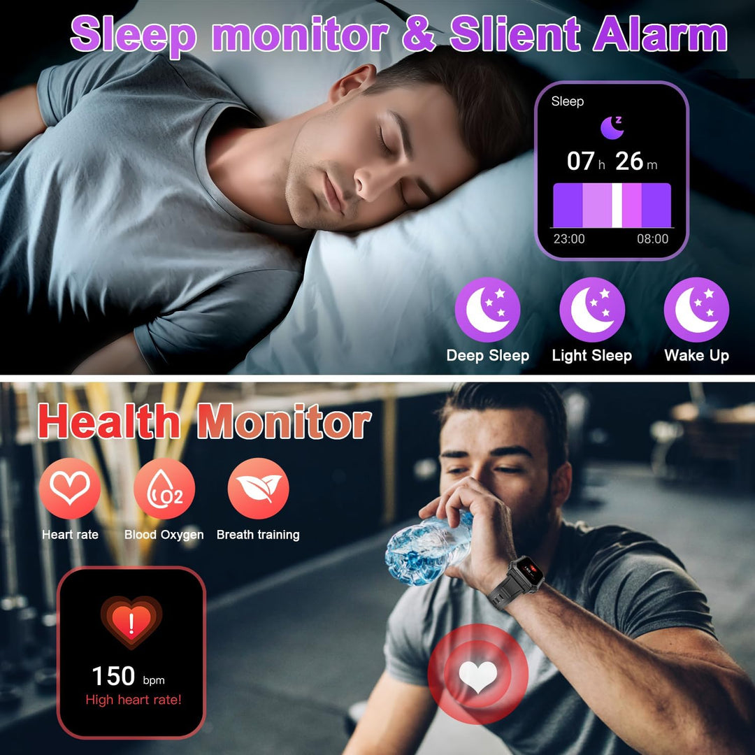 Mann mit Schlafmonitor und Gesundheitsüberwachung, Herzfrequenzanzeige, Fitness, Schlafanalyse.