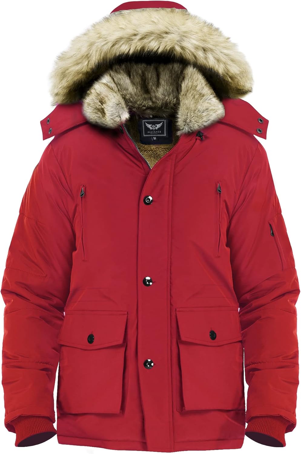 Rote Winterjacke mit Kunstfellkapuze, warm, wasserdicht, Herrenmode, Outdoor-Bekleidung.