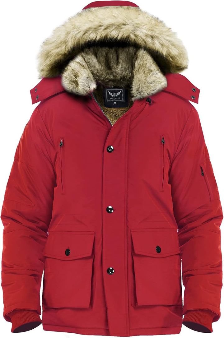 Rote Winterjacke mit Kunstfellkapuze, warm, wasserdicht, Herrenmode, Outdoor-Bekleidung.