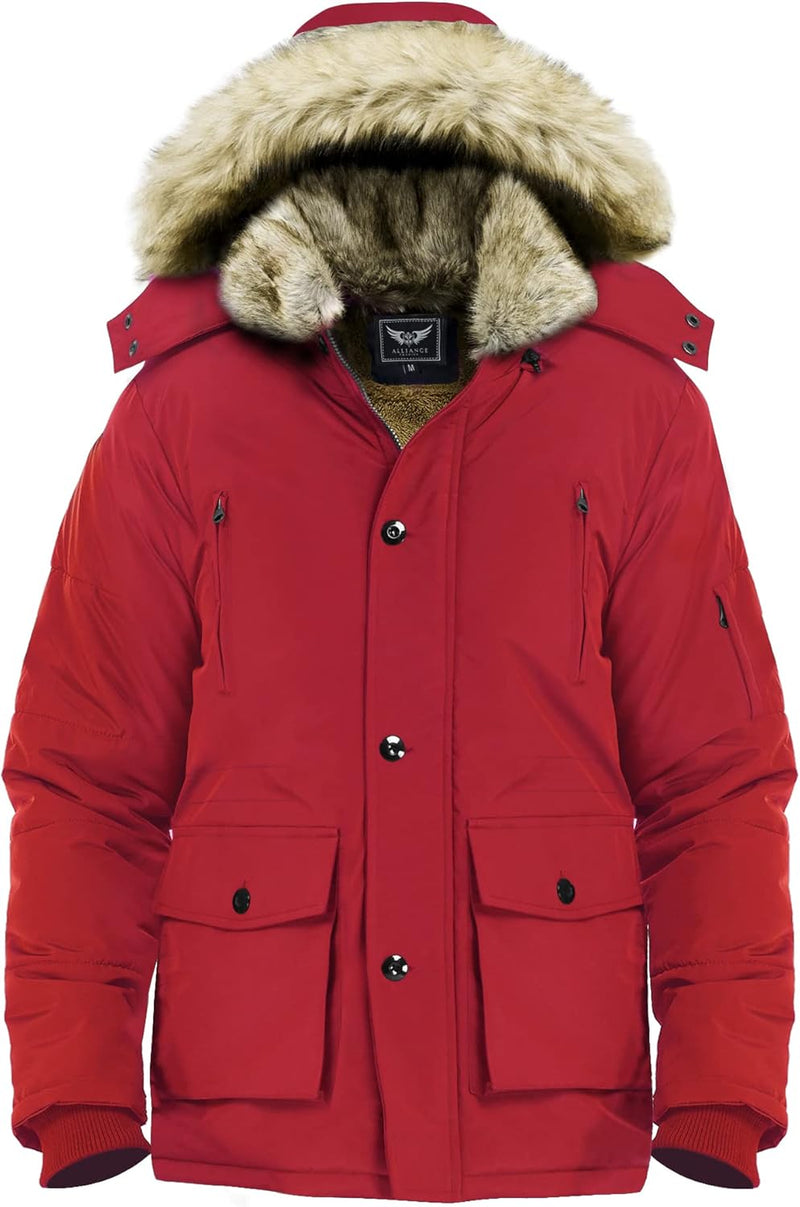 Rote Winterjacke mit Kunstfellkapuze, warm, wasserdicht, Herrenmode, Outdoor-Bekleidung.