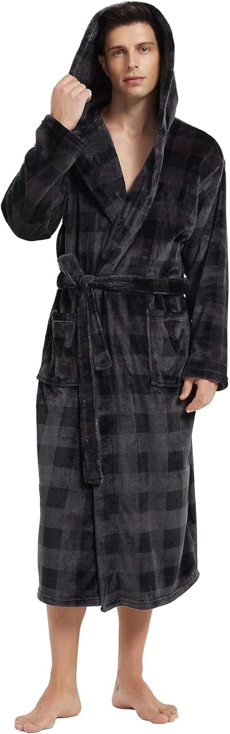 Männer Bademantel mit Kapuze, kariert, schwarz, Fleece, weich, warm, Morgenmantel, lang.