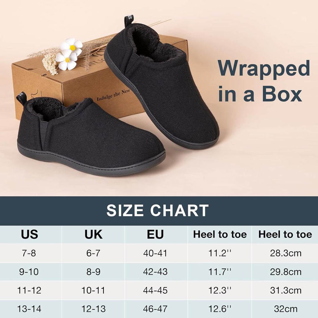 Schwarze Hausschuhe aus Fleece, rutschfest, warm, für Herren, Geschenkbox, Größenübersicht.