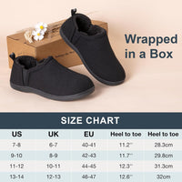 Schwarze Hausschuhe aus Fleece, rutschfest, warm, für Herren, Geschenkbox, Größenübersicht.