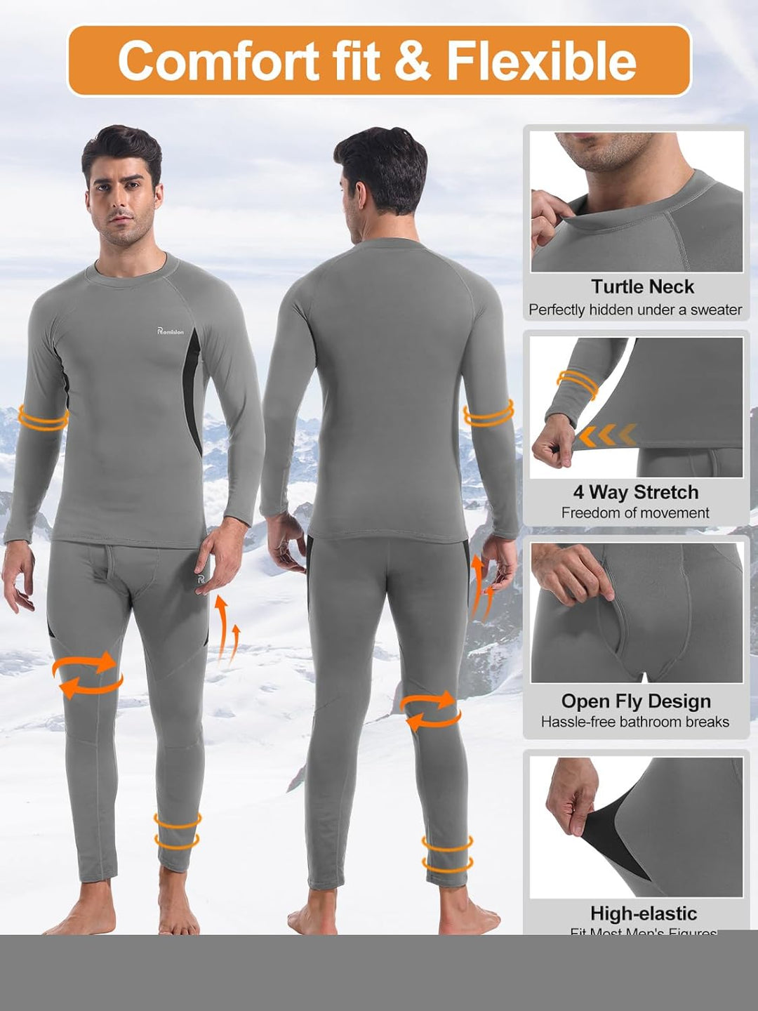 Graues Thermounterwäsche-Set für Herren, flexibel, 4-Wege-Stretch, Rollkragen, atmungsaktiv.