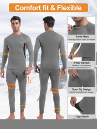 Graues Thermounterwäsche-Set für Herren, flexibel, 4-Wege-Stretch, Rollkragen, atmungsaktiv.